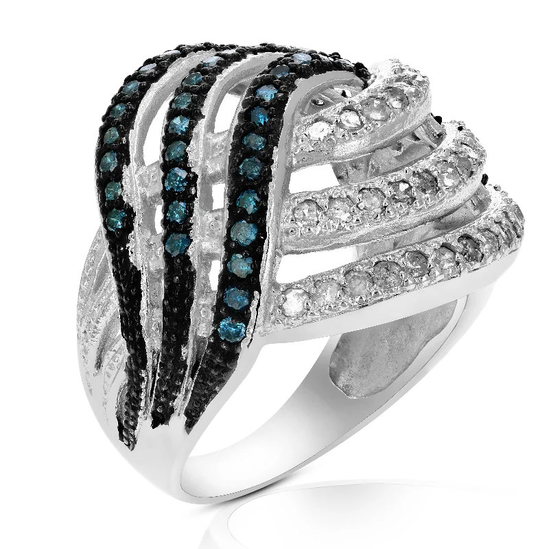 1.25 cttw Blue and White Diamond Cocktail Ring .925 Sterling Silver