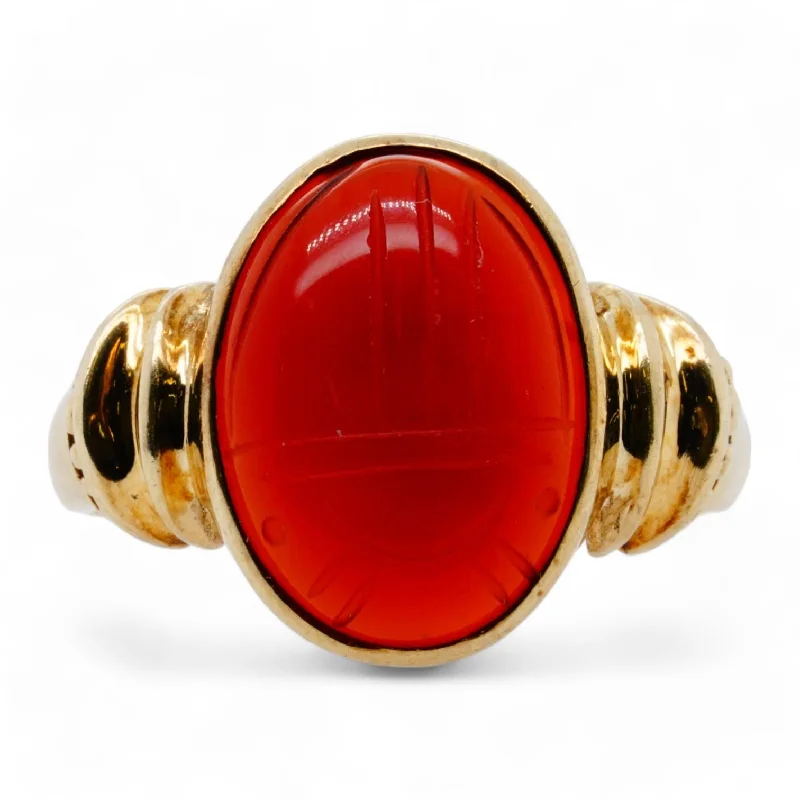 10K Gold Mid Egyptian Revival Carved Carnelian Scarab Ring