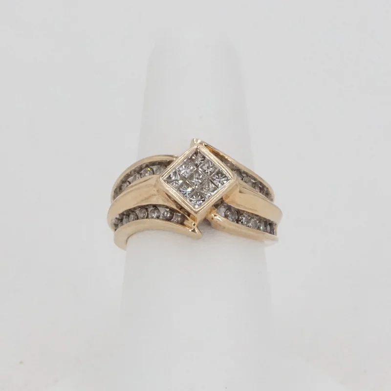 10K Gold Ring with Square Diamond Pave Center and Round Diamond Row Bypass