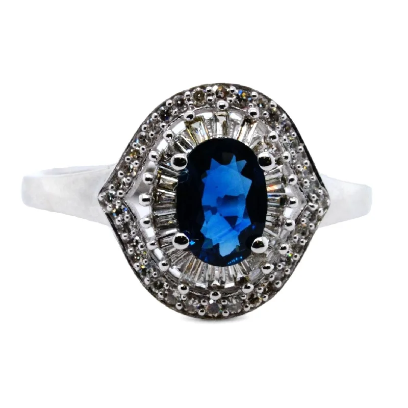 10K White Gold Oval Blue Sapphire With Diamond Accents Cocktail Ring