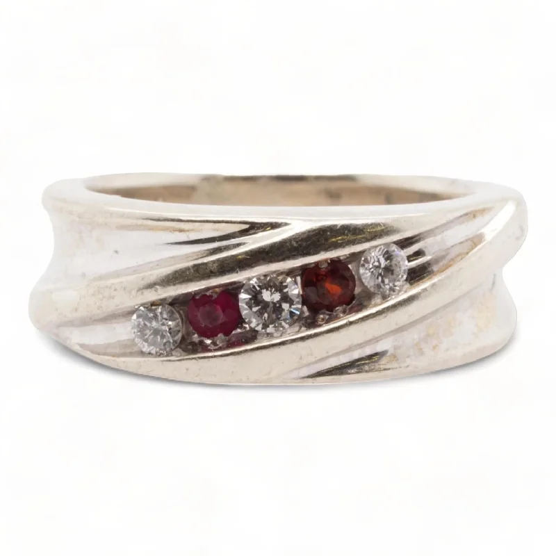 10K White Gold Red Stones And Diamonds Tapered Shank Band