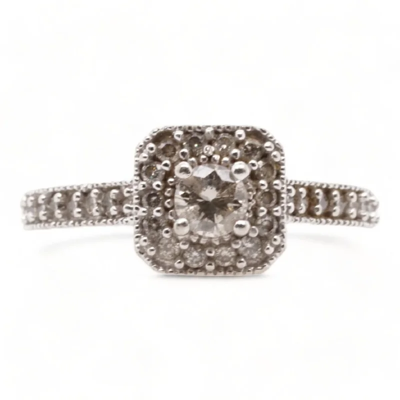 10K White Gold Round Diamond With Diamond Halo And Accents Engagement Ring