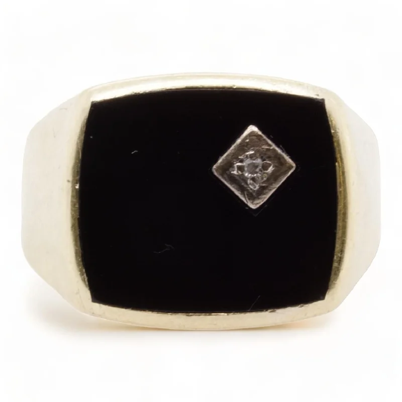 14K Gold Black And Clear Stone Signet Ring