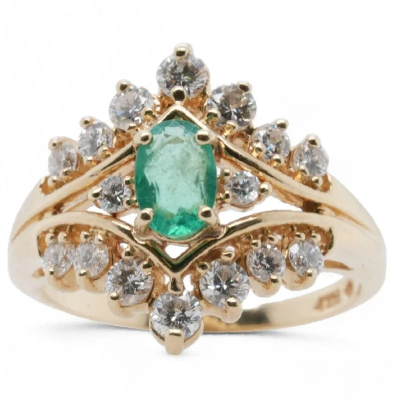 14K Gold Oval Emerald With Diamond Accents Ring