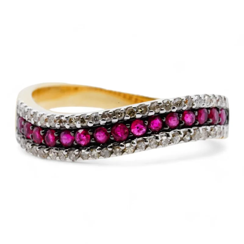 14K Gold Ruby And Diamond Wavy Band