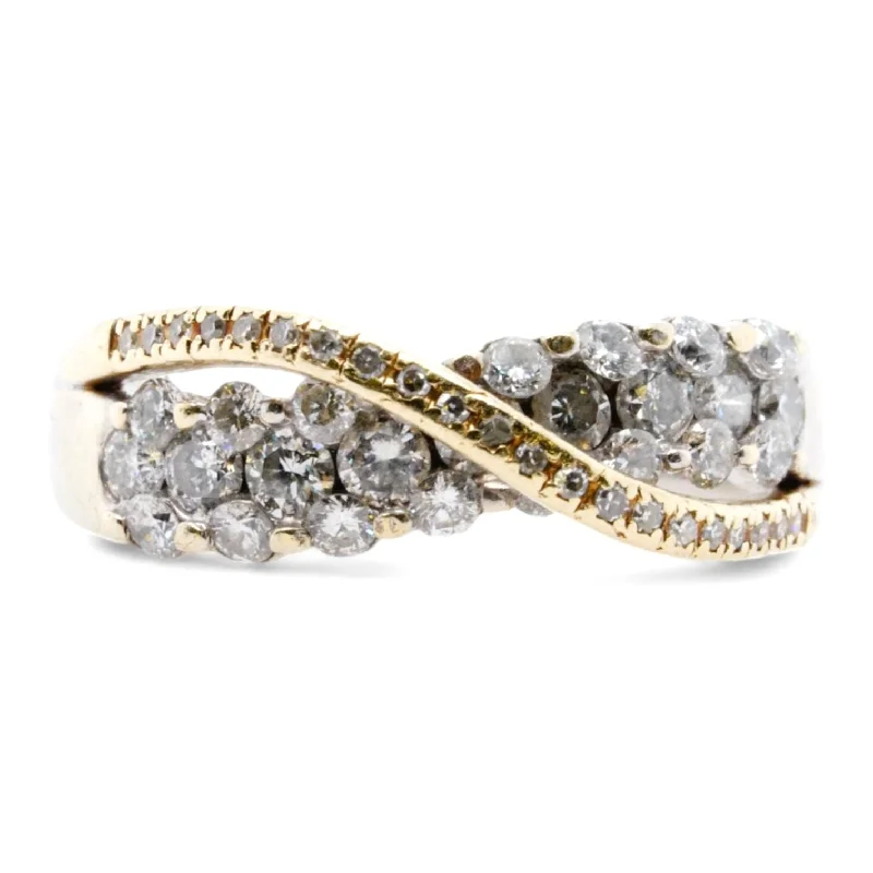 14K Two Tone Gold Round Diamond Crossover Band