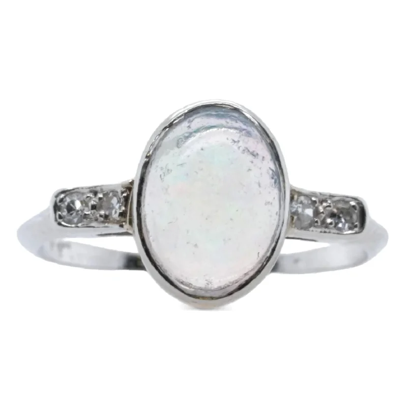 14K White Gold Art Deco Oval Opal With Round Diamond Accents Ring