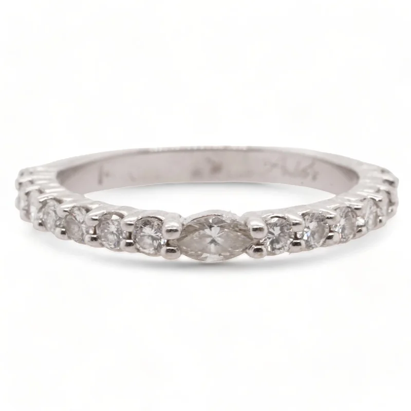 14K White Gold Band With Prong Set Diamonds, Center East West Marquise Diamond