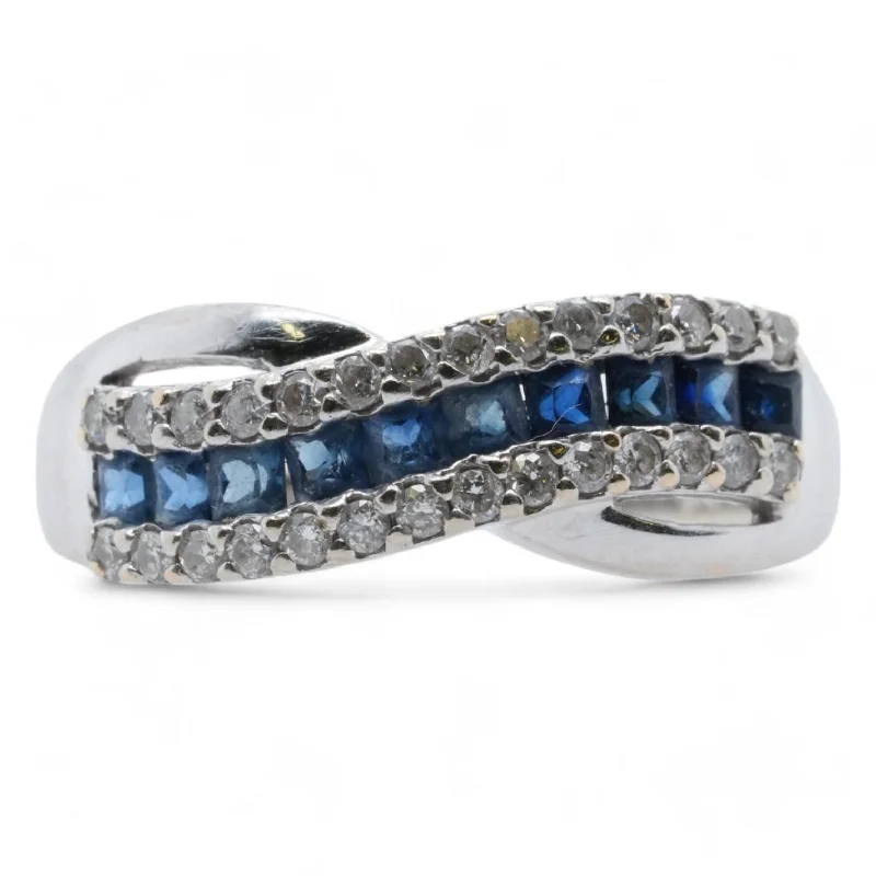 14K White Gold Criss Cross Blue Stone And Diamonds Band