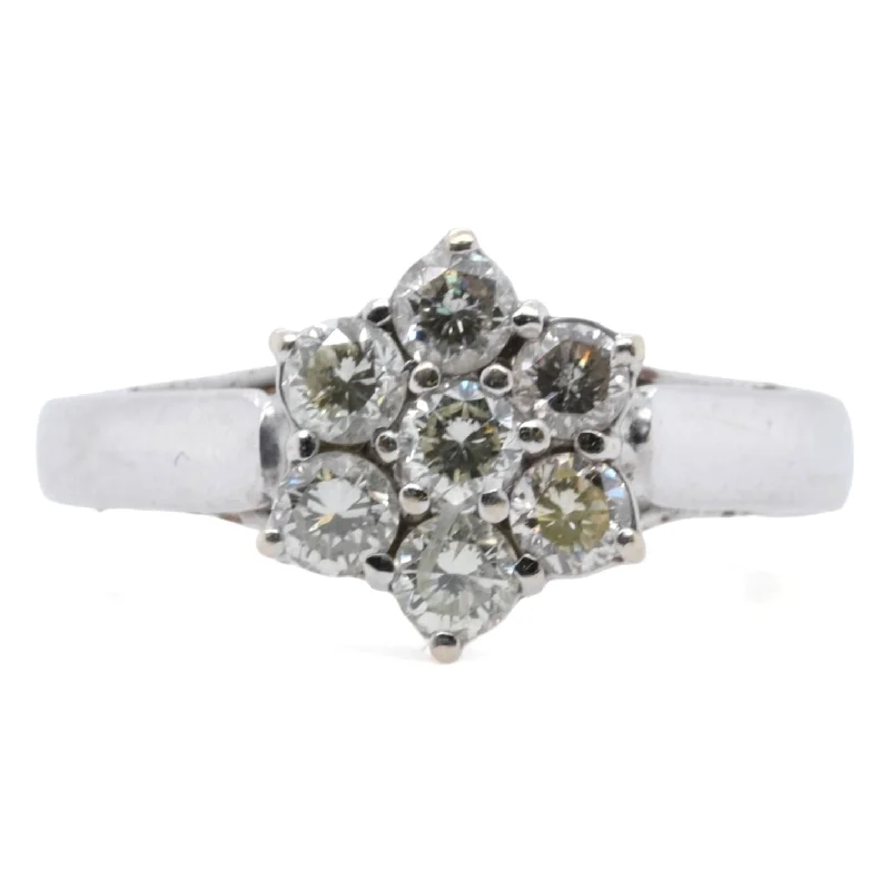 14K White Gold Flower Shaped Round Diamond Cluster Engagement Ring