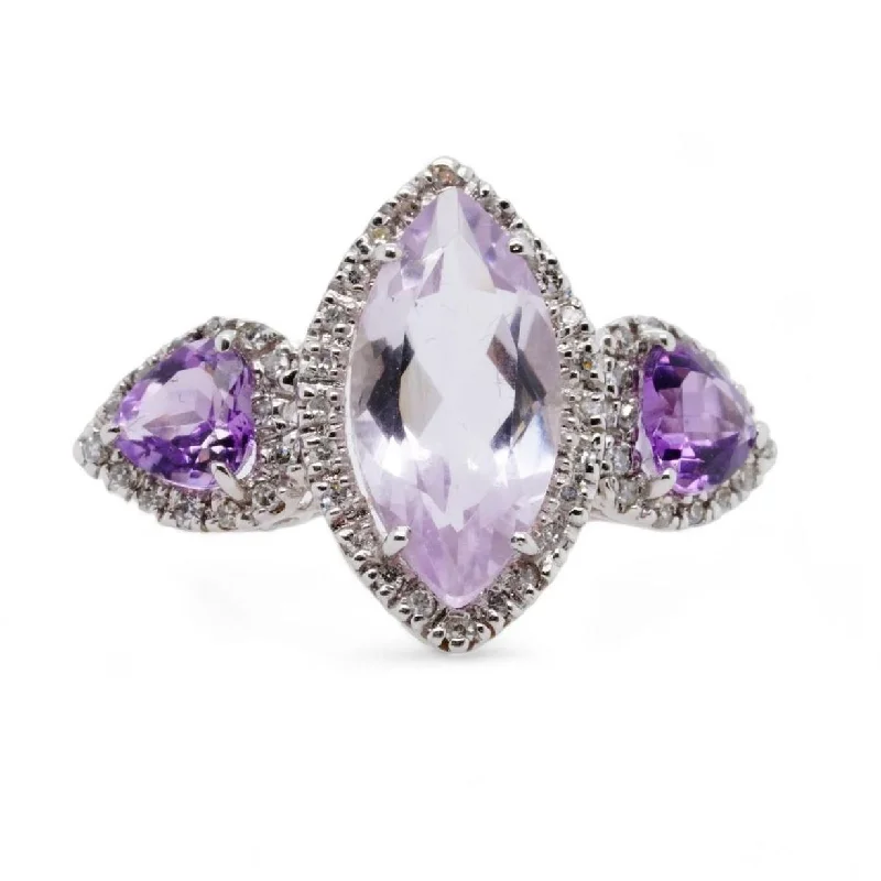 14K White Gold Marquise And Heart Three Stone Amethyst With Diamond Accents Ring