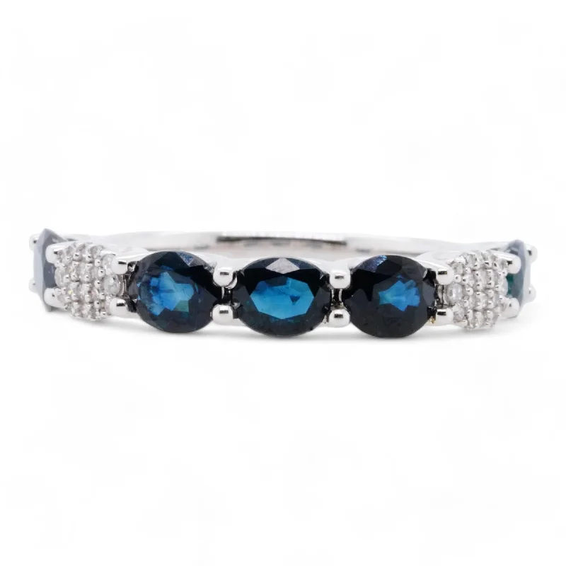 14K White Gold Oval Blue Sapphires With Diamond Cluster Oval Band