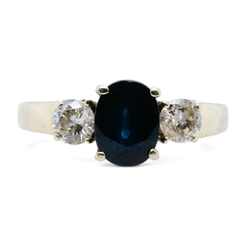 14K White Gold Oval Blue Stone With Diamond Accents Ring