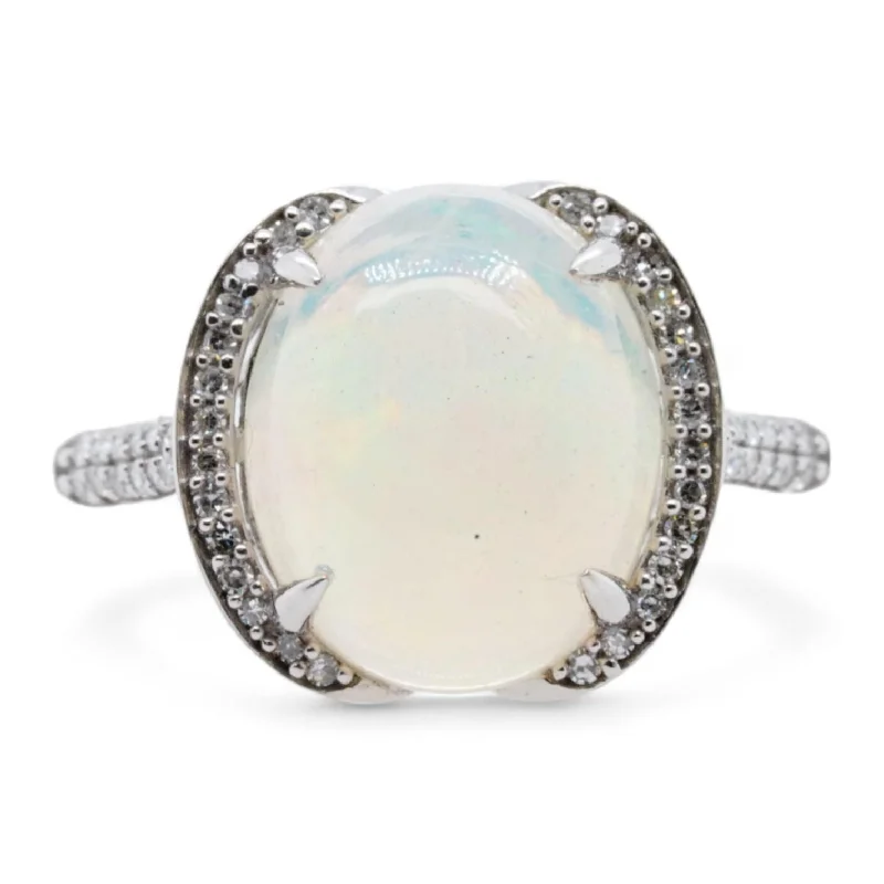 14K White Gold Oval Opal With Diamond Accents Cocktail Ring