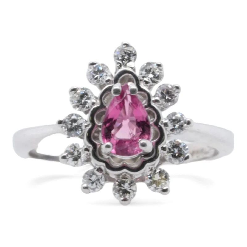 14K White Gold Pear Pink Tourmaline With Round Diamond Accents Ring