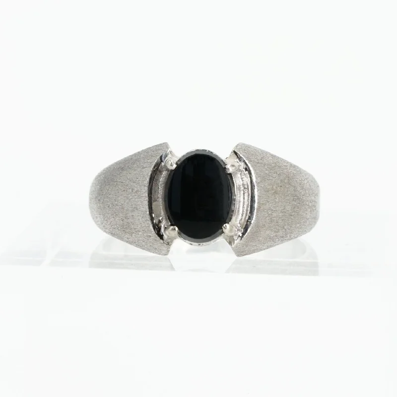 14K White Gold Ring with Oval Black Stone in a 4 Prong Setting