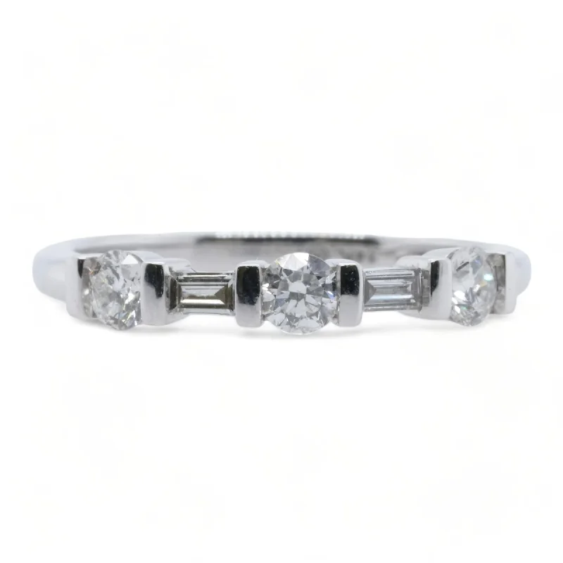 14K White Gold Round And Baguette Diamond Band