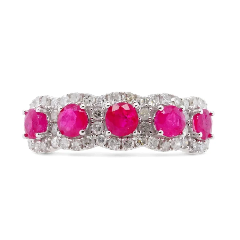 14K White Gold Round Ruby With Diamond Accents Band