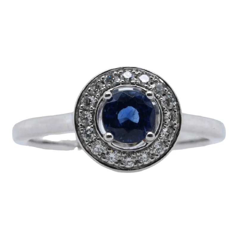 14K White Gold Round Sapphire With Diamond Halo Ring