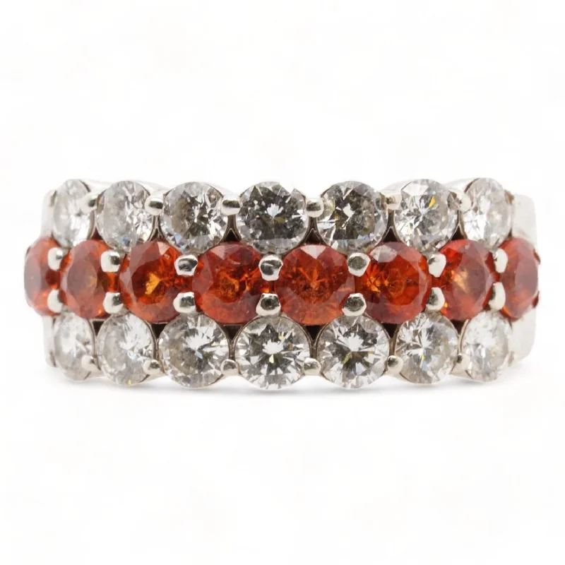 14K White Gold Three Round Row Diamond And Orange Stone Band