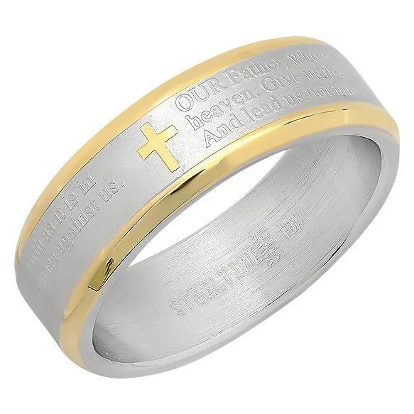 18K Gold-Plated Stainless Steel Unisex Two-Tone The Lord's Prayer Cross Band