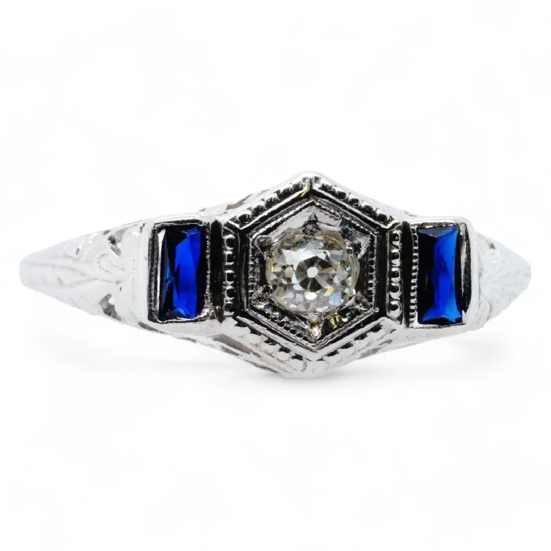 18K White Gold Art Deco Filigree Diamond With Blue Sapphires Band