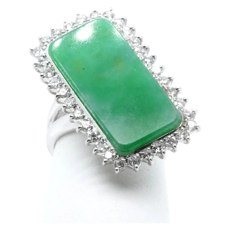 18K White Gold Offset Green Slab With Diamond Halo Ring