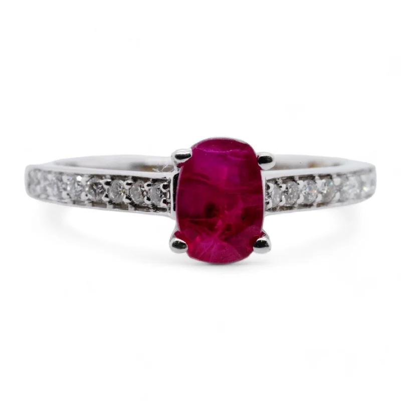 18K White Gold Oval Ruby With Diamond Accents Cocktail Ring