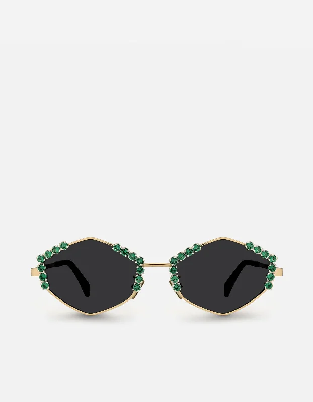 Astor Hexagon-Frame Sunglasses, Sterling Silver/Emeralds