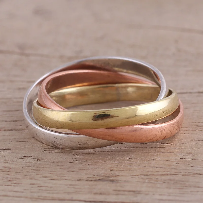 Classic Trio Sterling Silver Copper and Brass Band Ring from India