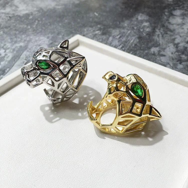 Fashionable Personality Charm Cool Hollow Green Eye Tiger And Leopard Head Ring