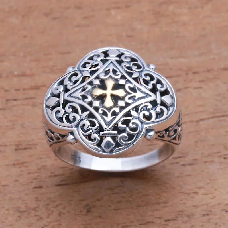 Jagaraga Prince Cross-Themed Gold Accented Sterling Silver Signet Ring