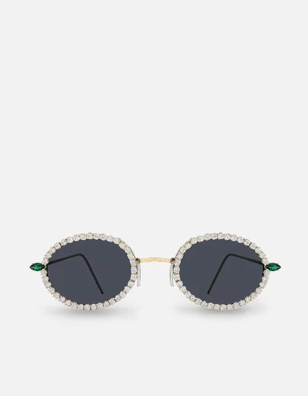 Jules Oval-Frame Sunglasses, Gold Vermeil/Diamonds & Emeralds