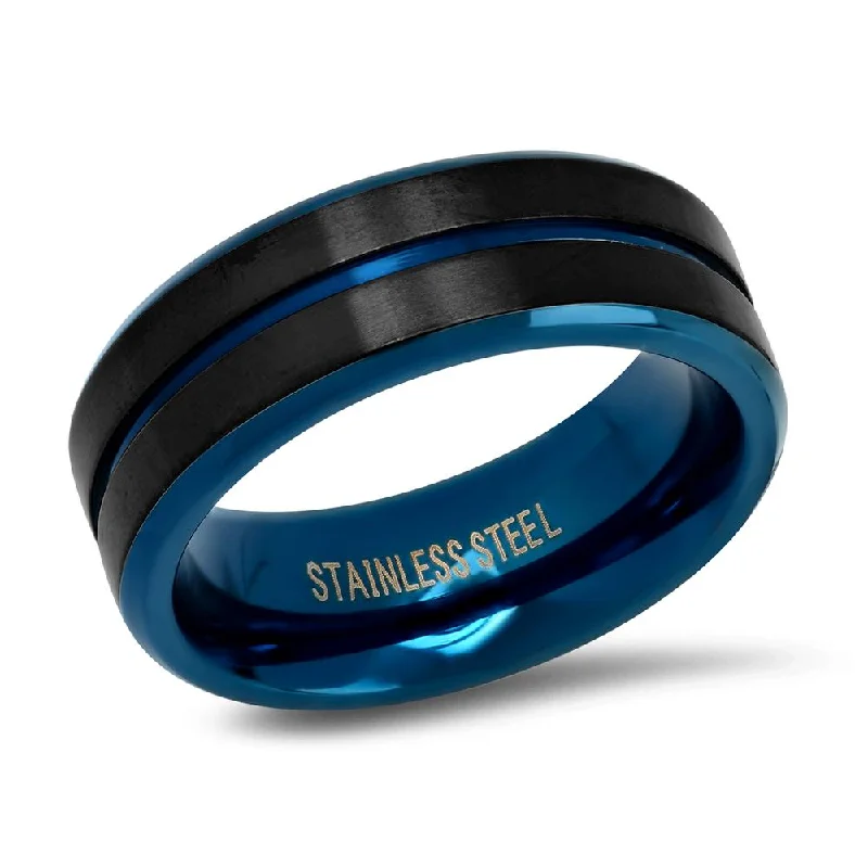 Men's Two Tone Black and Blue IP Stainless Steel Band Ring