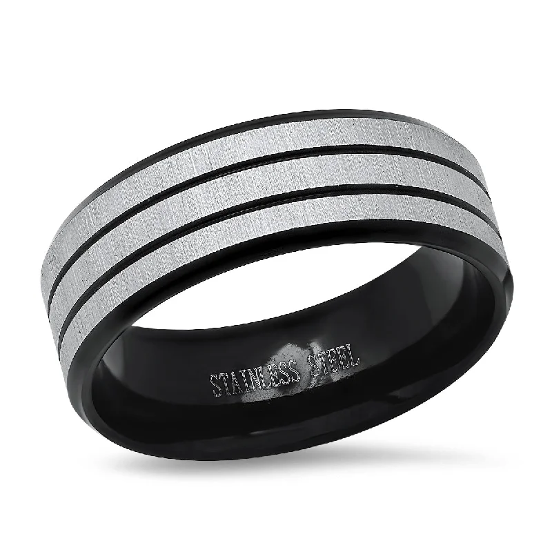 Men's Two Tone Black IP and Stainless Steel Band Ring