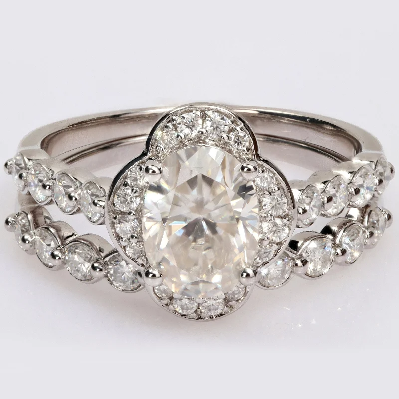 Miadora 1 7/8ct DEW Oval-cut Moissanite Floral Halo Bridal Ring Set in Sterling Silver