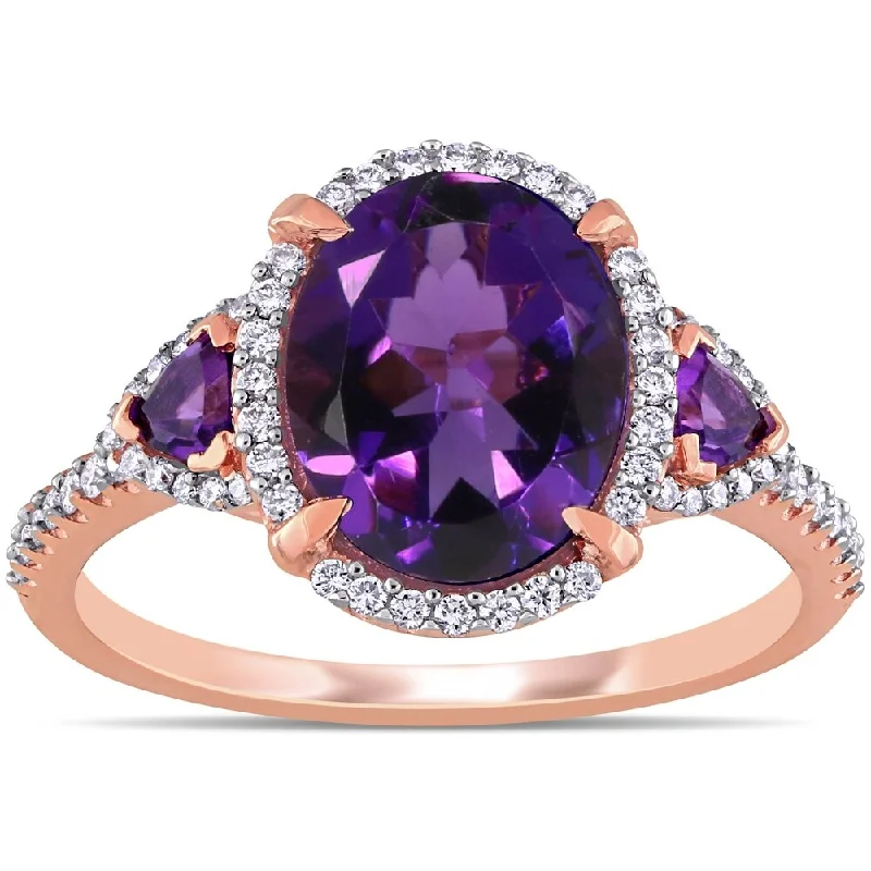 Miadora 14k Rose Gold African-Amethyst and 1/4ct TDW Diamond 3-Stone Halo Ring