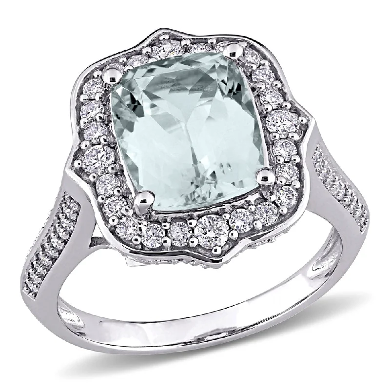 Miadora 14k White Gold Cushion-cut Aquamarine & 5/8ct TDW Diamond Halo Cocktail Ring