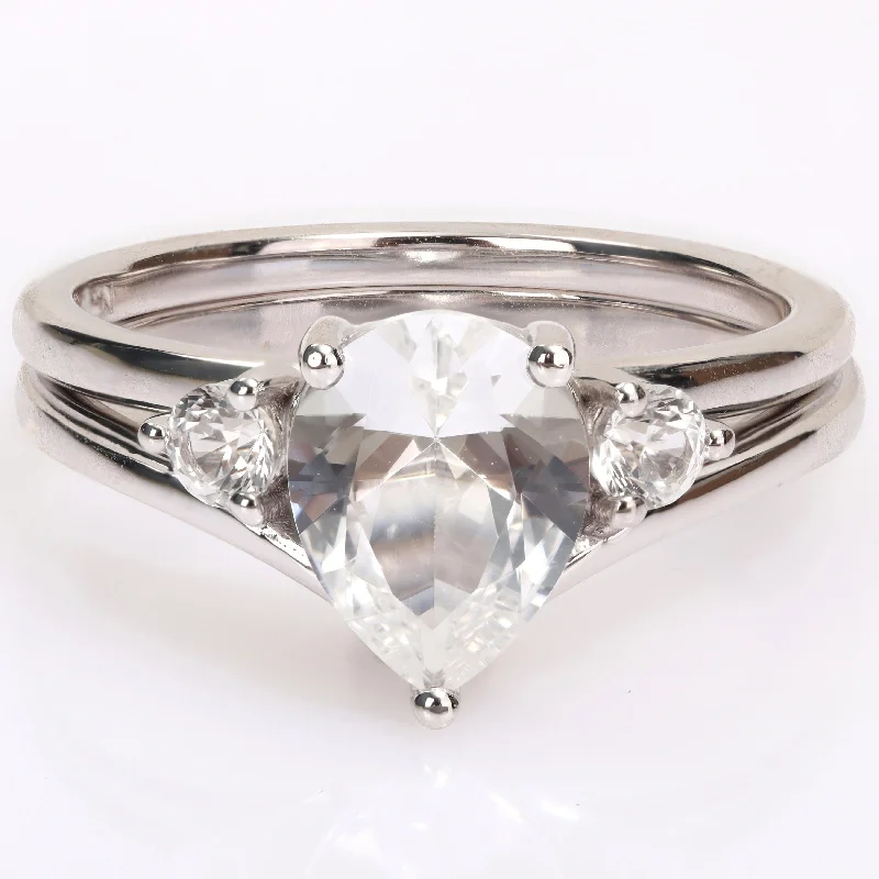 Miadora Pear-cut Created White Sapphire 3-Stone Teardrop Bridal Ring Set in 10k White Gold