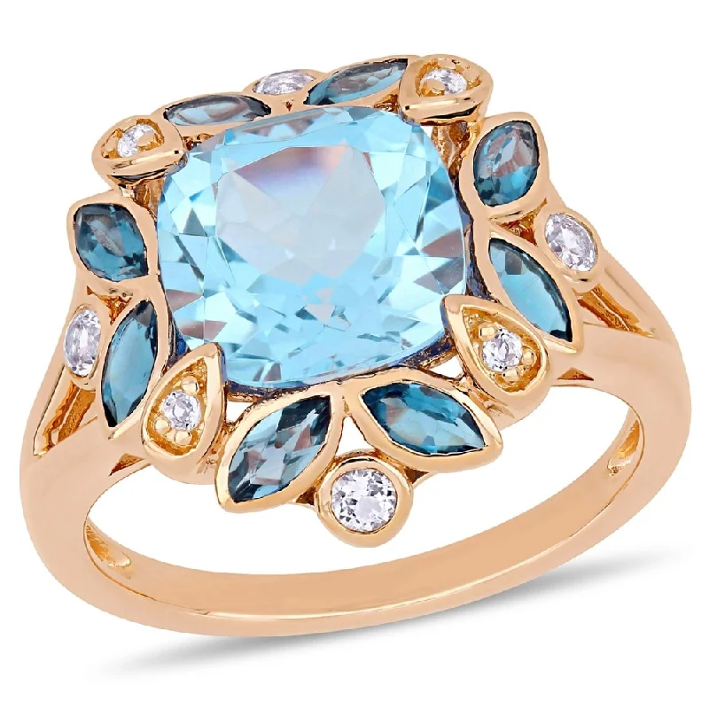 Miadora Rose Plated Sterling Silver Sky & London Blue Topaz with White Topaz Floral Halo Ring