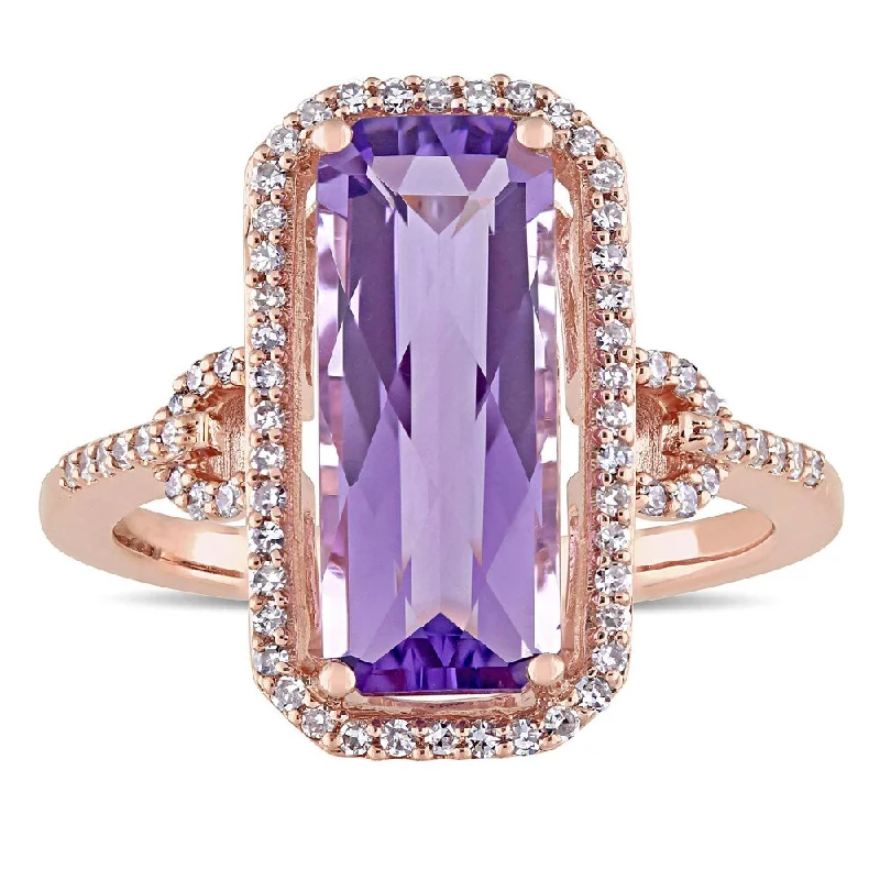 Miadora Signature Collection 14k Rose Gold Emerald-Cut Amethyst and 1/4ct TDW Diamond Halo Cocktail - Purple