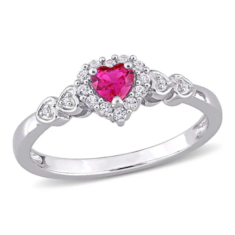 Miadora Sterling Silver Created Ruby and Created White Sapphire Diamond Accent Heart Halo Ring