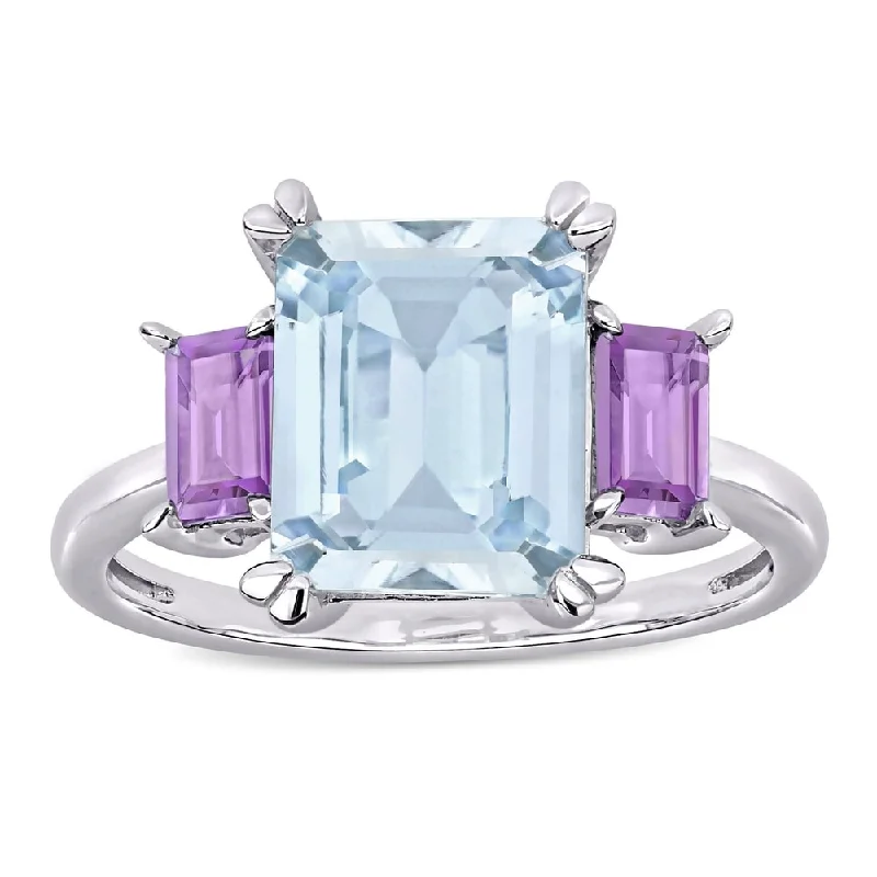 Miadora Sterling Silver Octagon-Cut Ice Aquamarine and Rose de France 3-Stone Ring