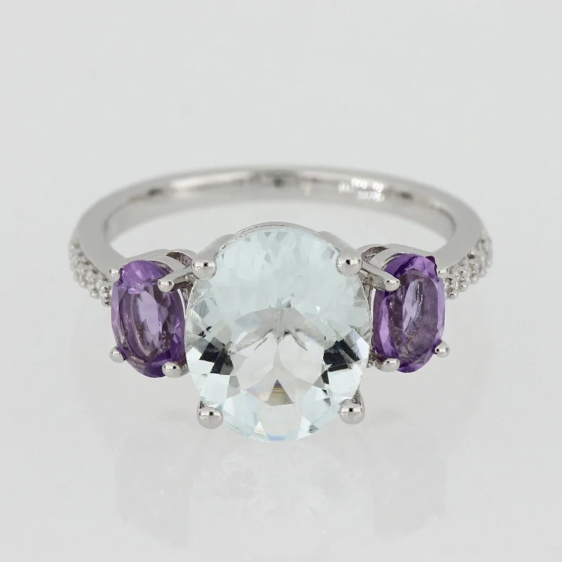 Oval-Cut Ice Aquamarine Amethyst and Diamond 3-Stone Ring in Sterling Silver by Miadora