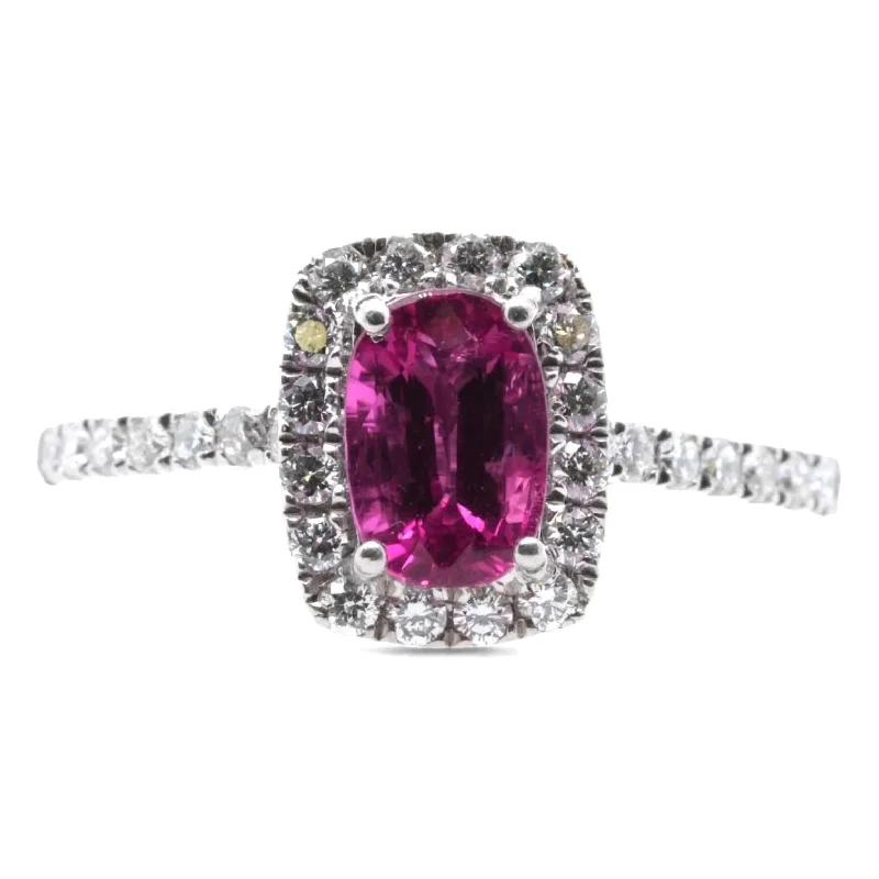 Platinum Four Prong Set Oval Natural Untreated Ruby With Diamond Halo Ring