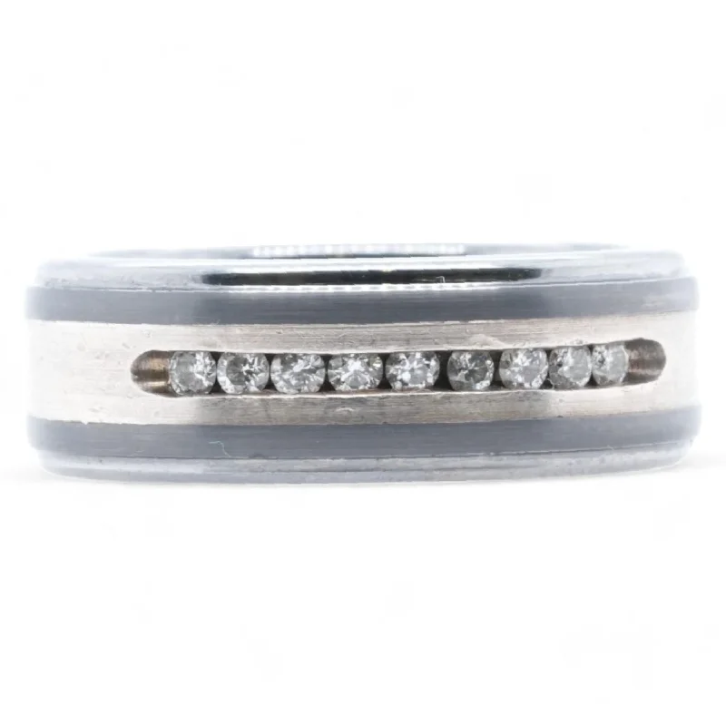 Tungsten With Silver Center Band With Row Of Round Diamonds