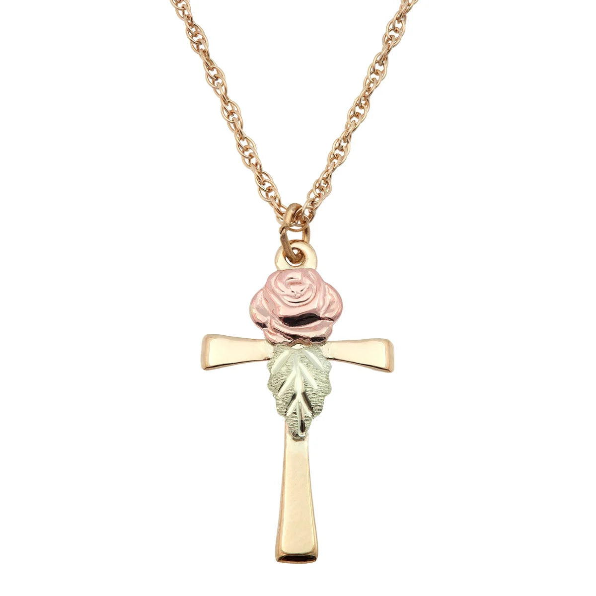 Black Hills Gold 10K Cross With 12K Rose & Leaf