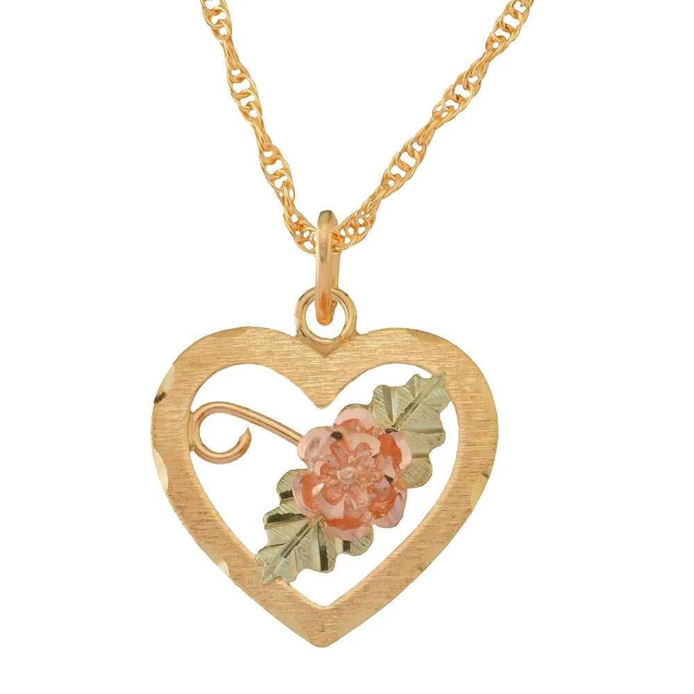 Black Hills Gold 10K Yellow Gold Open Heart Pendant with a 12K Rose Supported by 12K Green Leaves