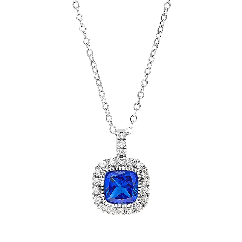 Blue Cubic Zirconia Square Necklace in Sterling Silver with Platinum Finish