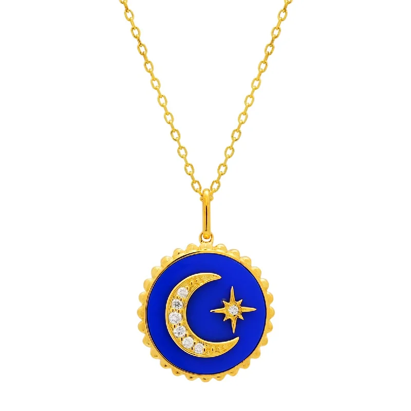 Blue Enamel Moon and Star Necklace with Diamond in Sterling Silver and Gold Plate